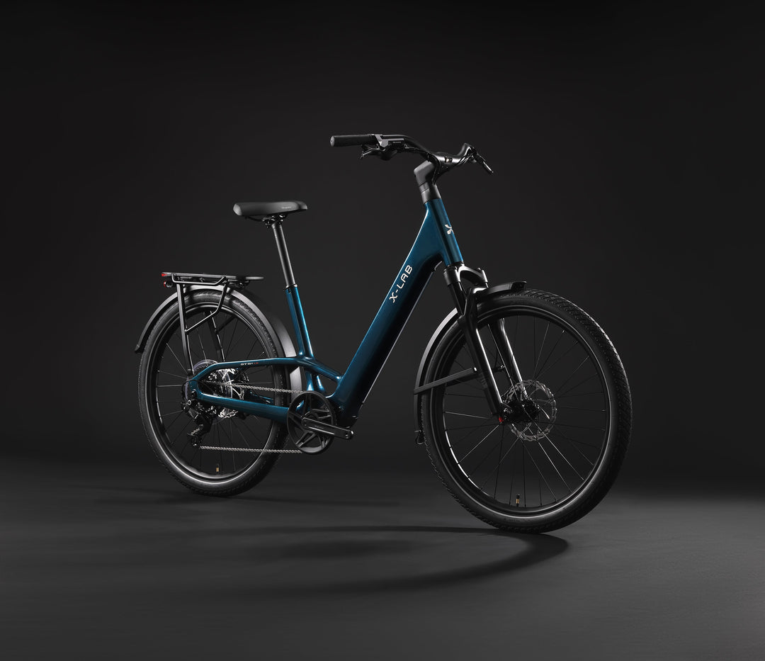 X-LAB ST5+ LS Low Step electric bicycle in Deep Current Blue, front three-quarter view of the low-step frame