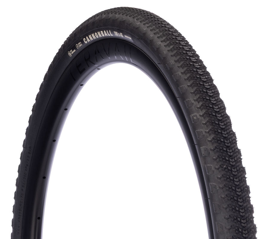 Teravail Cannonball Gen 2 gravel tire with black sidewall, angled view; QBP representative image shows 700 x 45.