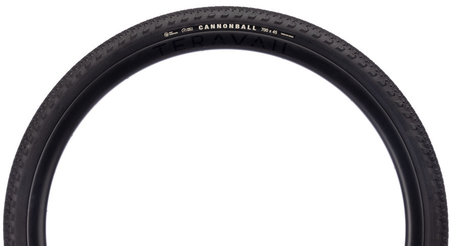 Teravail Cannonball Gen 2 black sidewall and shoulder tread, side profile; QBP representative image shows 700 x 45.