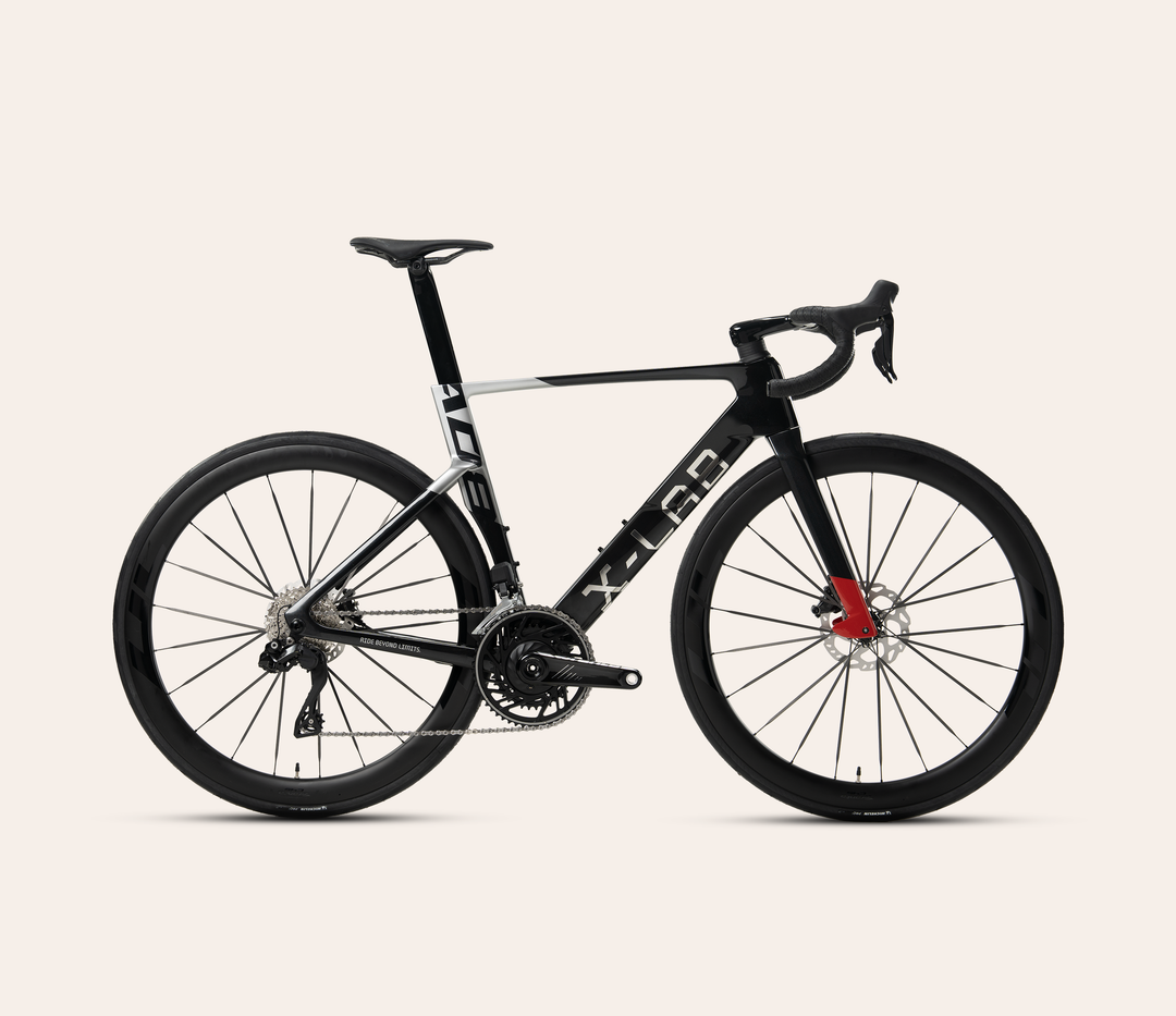 X-LAB AD8 Shimano 105 Di2 carbon road bike in Sunspot Red/Black, full-bike drive-side profile