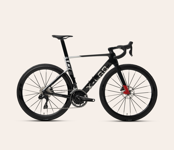 X-LAB AD8 Shimano 105 Di2 carbon road bike in Sunspot Red/Black, full-bike drive-side profile