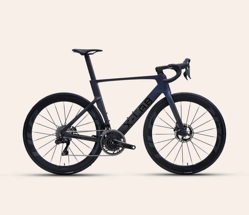 X-LAB AD9 Shimano Dura-Ace Di2 aero road bike in Hawkeye Purple/Black, full-bike drive-side profile