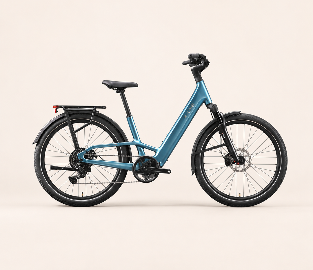 X-LAB ST5+ LS Low Step electric bicycle in Aether Sky Blue, drivetrain-side profile with rear rack and fenders