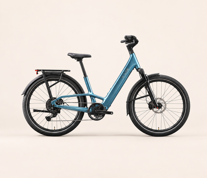 X-LAB ST5+ LS Low Step electric bicycle in Aether Sky Blue, drivetrain-side profile with rear rack and fenders